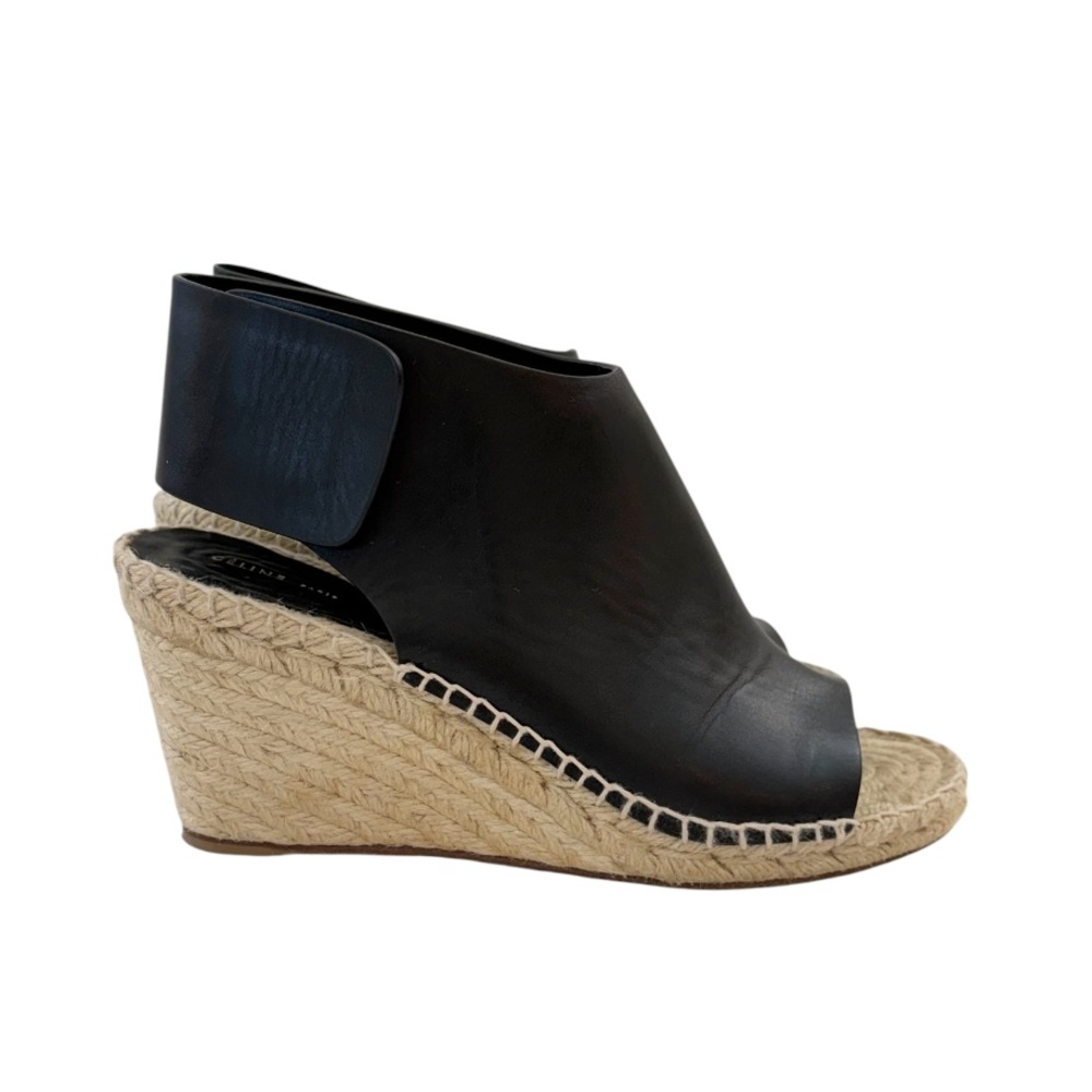 CรLINE PARIS Black Leather Jute Espadrille Open Toe Heel Wedges EU 38